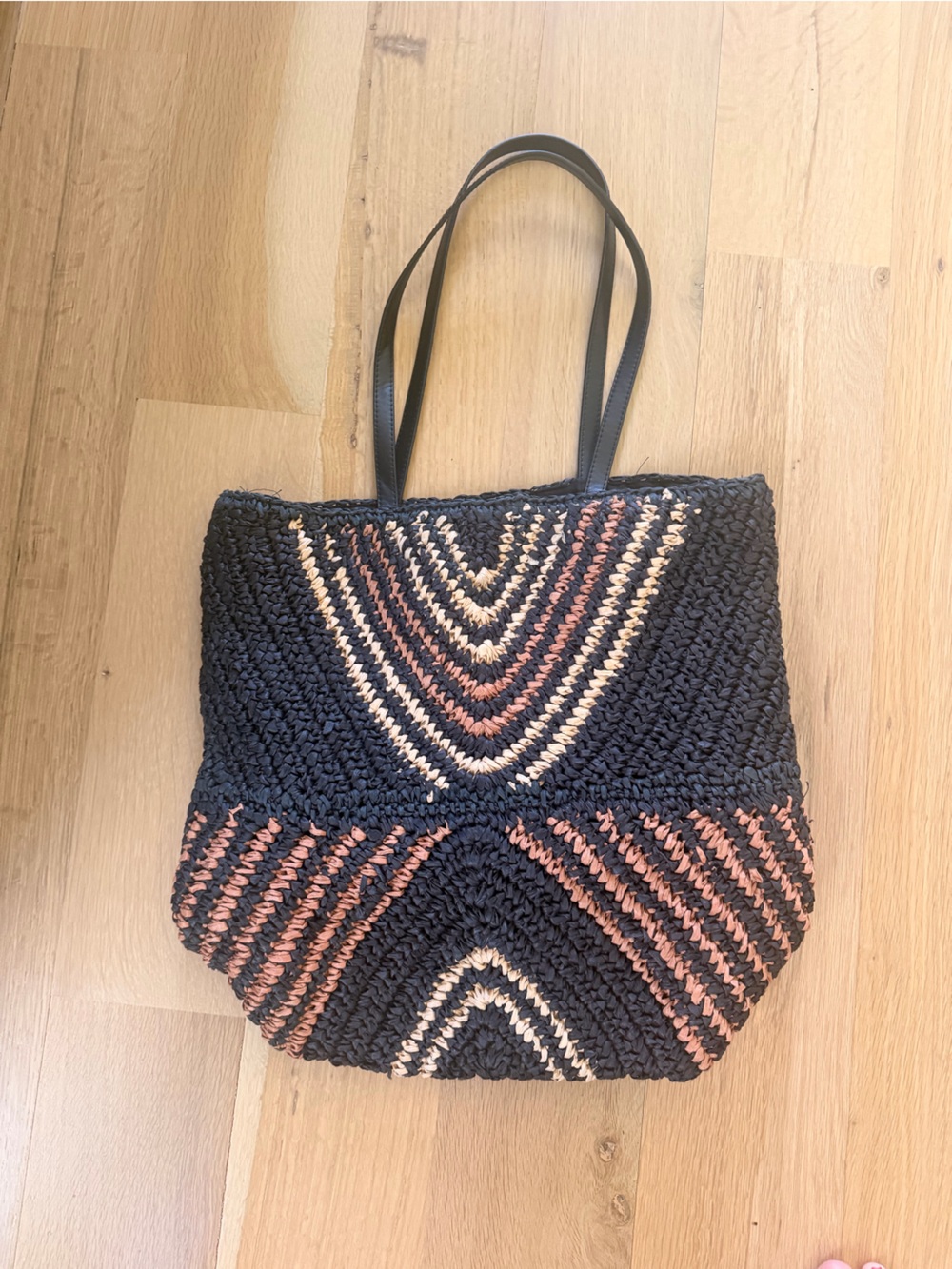 LOFT Black Woven Shoulder Tote with Pink and Cream Accents